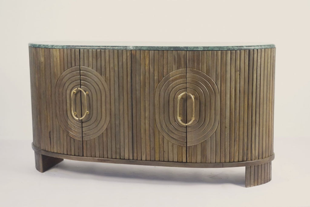 Natural Mango Wood Panelled 4 Door Sideboard with Grey Marble Top