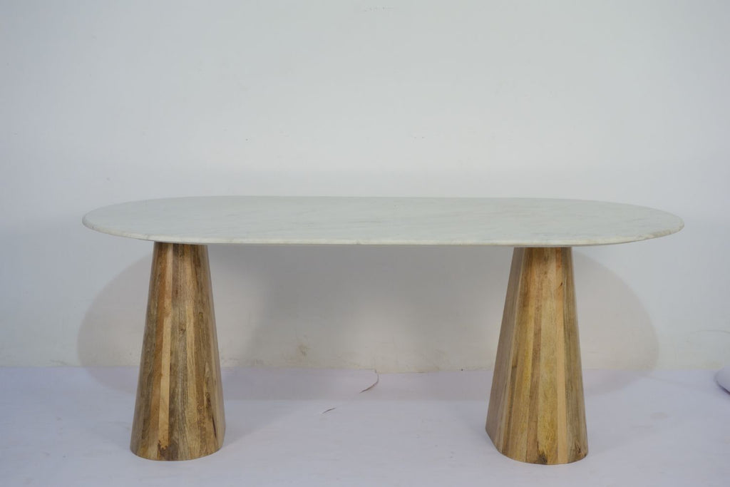 Natural Mango Wood White Marble Top 6 Seater Oval Dining Table