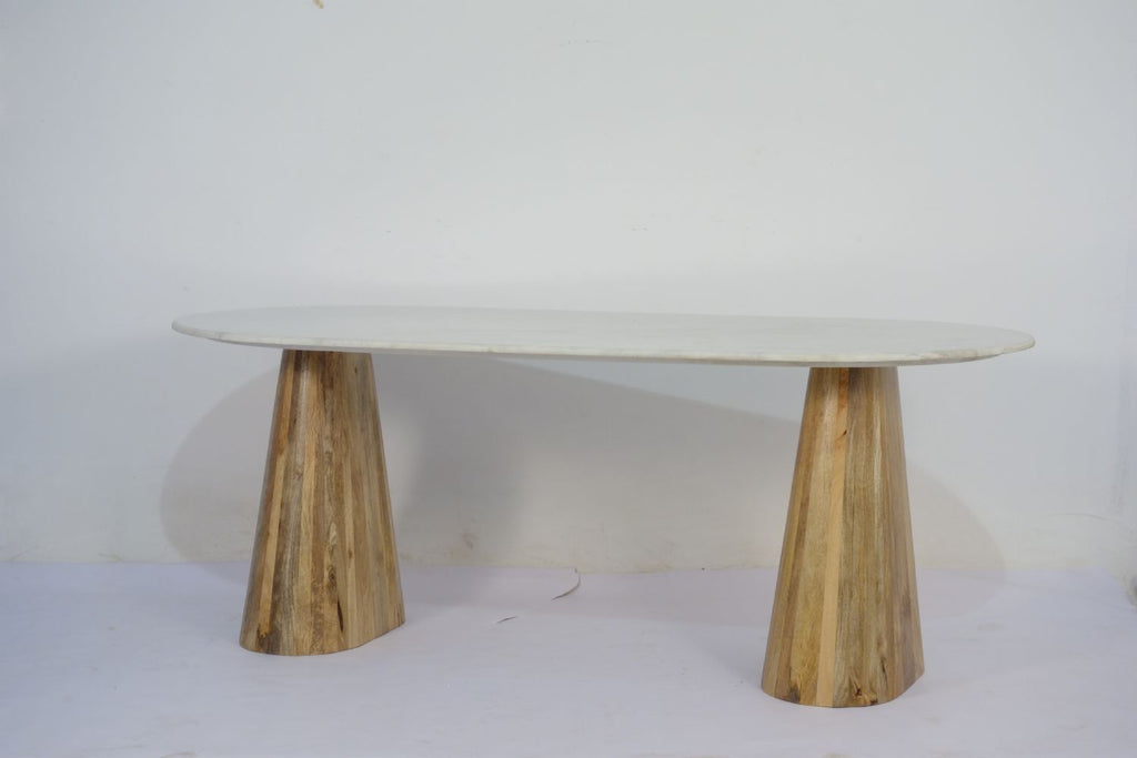 Natural Mango Wood White Marble Top 6 Seater Oval Dining Table