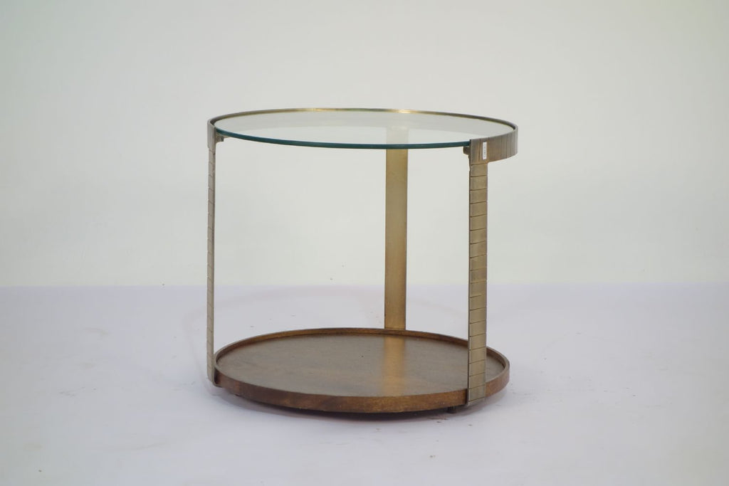 Bronze Metal Glass Top Round Side Table with Wooden Tray Base