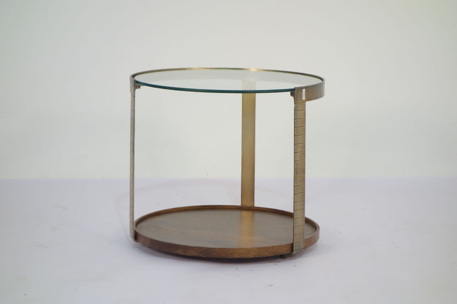 Bronze Metal Glass Top Round Side Table with Wooden Tray Base