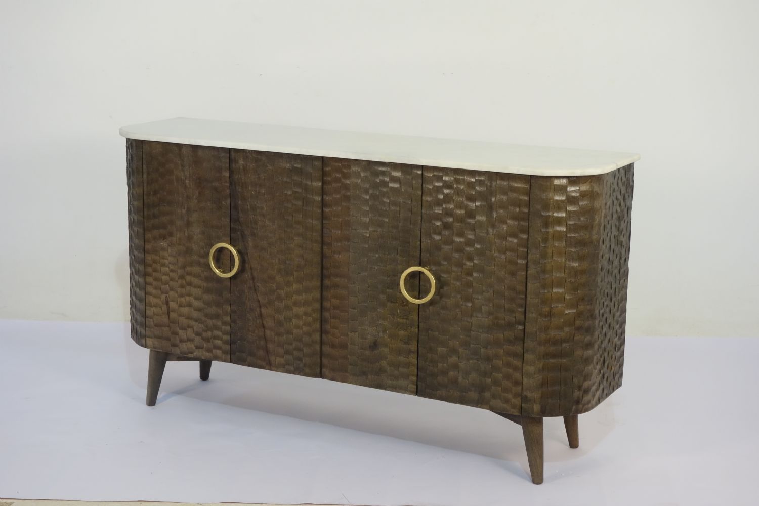 Natural Mango Wood White Marble Top 4 Door Chiseled Front Sideboard