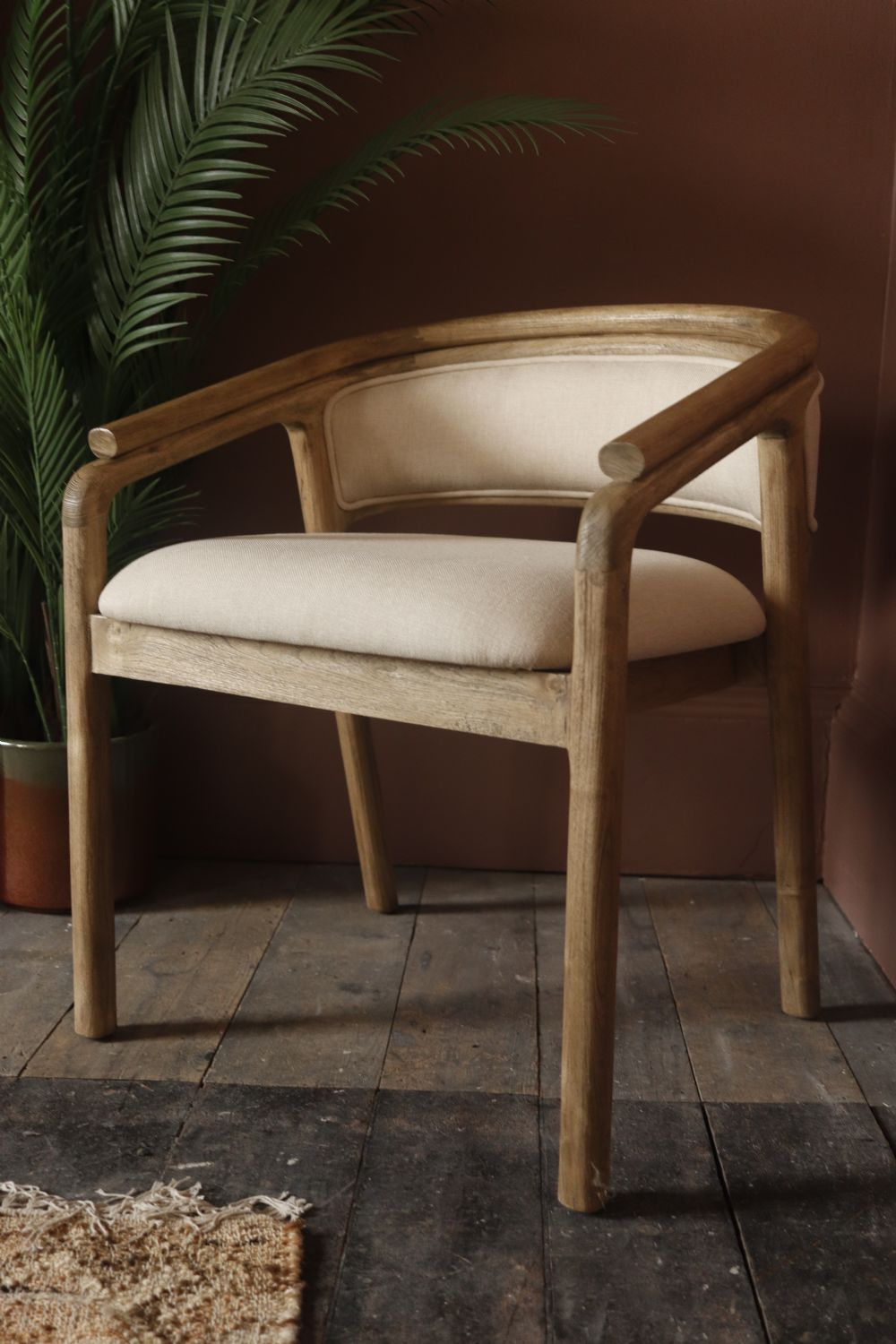 Natural Teak Wood and Cream Fabric Upholstered Dining Chair