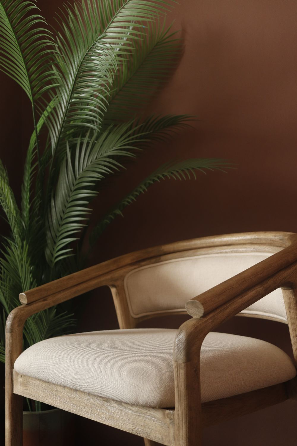 Natural Teak Wood and Cream Fabric Upholstered Dining Chair