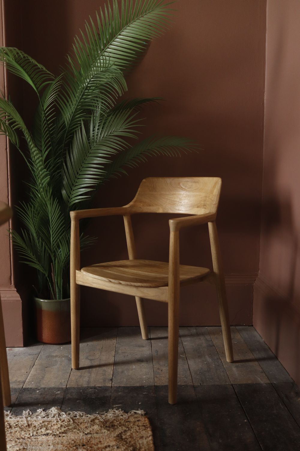 Modern Natural Teak Wood Curved Arm Dining Chair