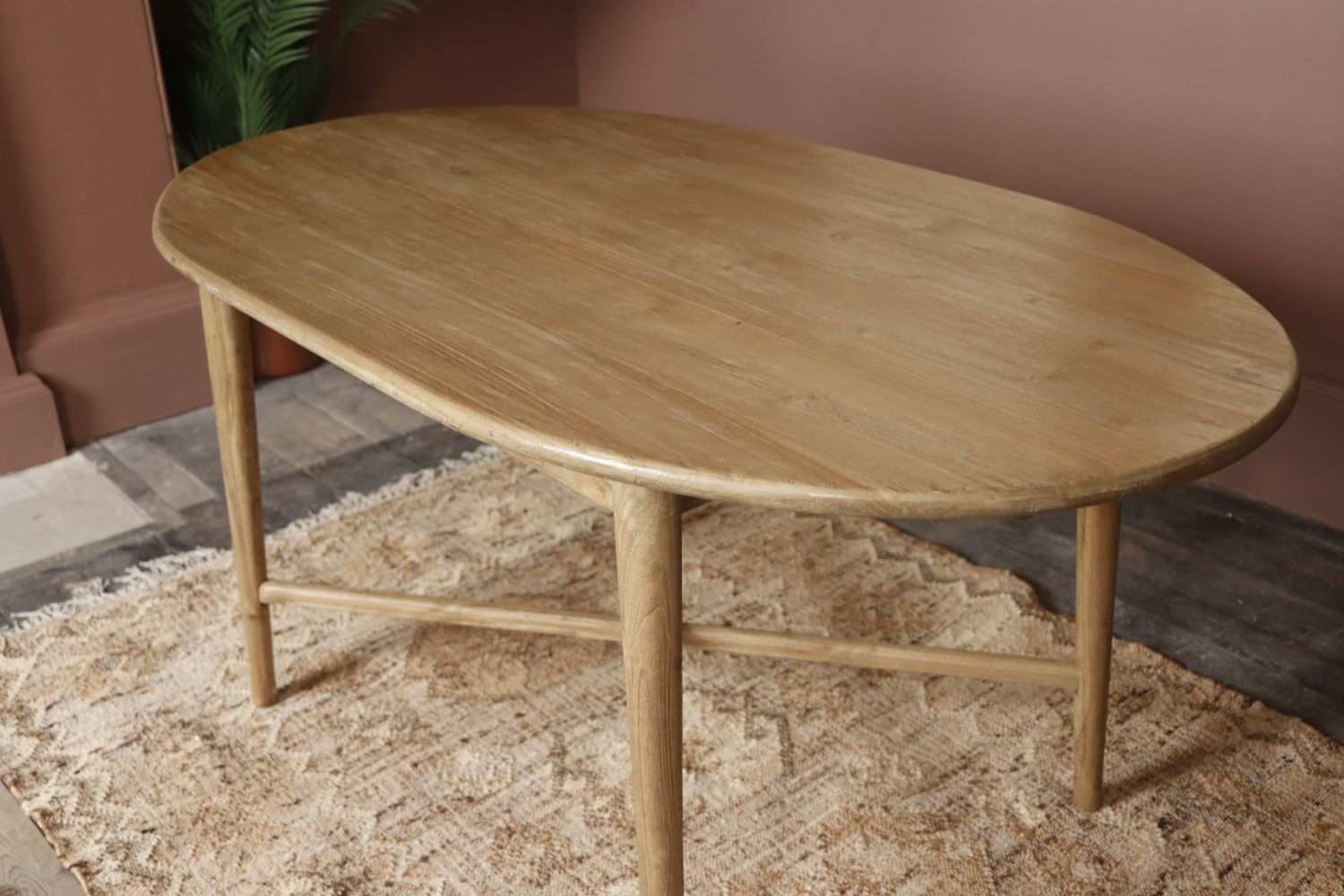 Rustic Natural Teak Wood Oval 4 Seater Dining Table with Cross Legs