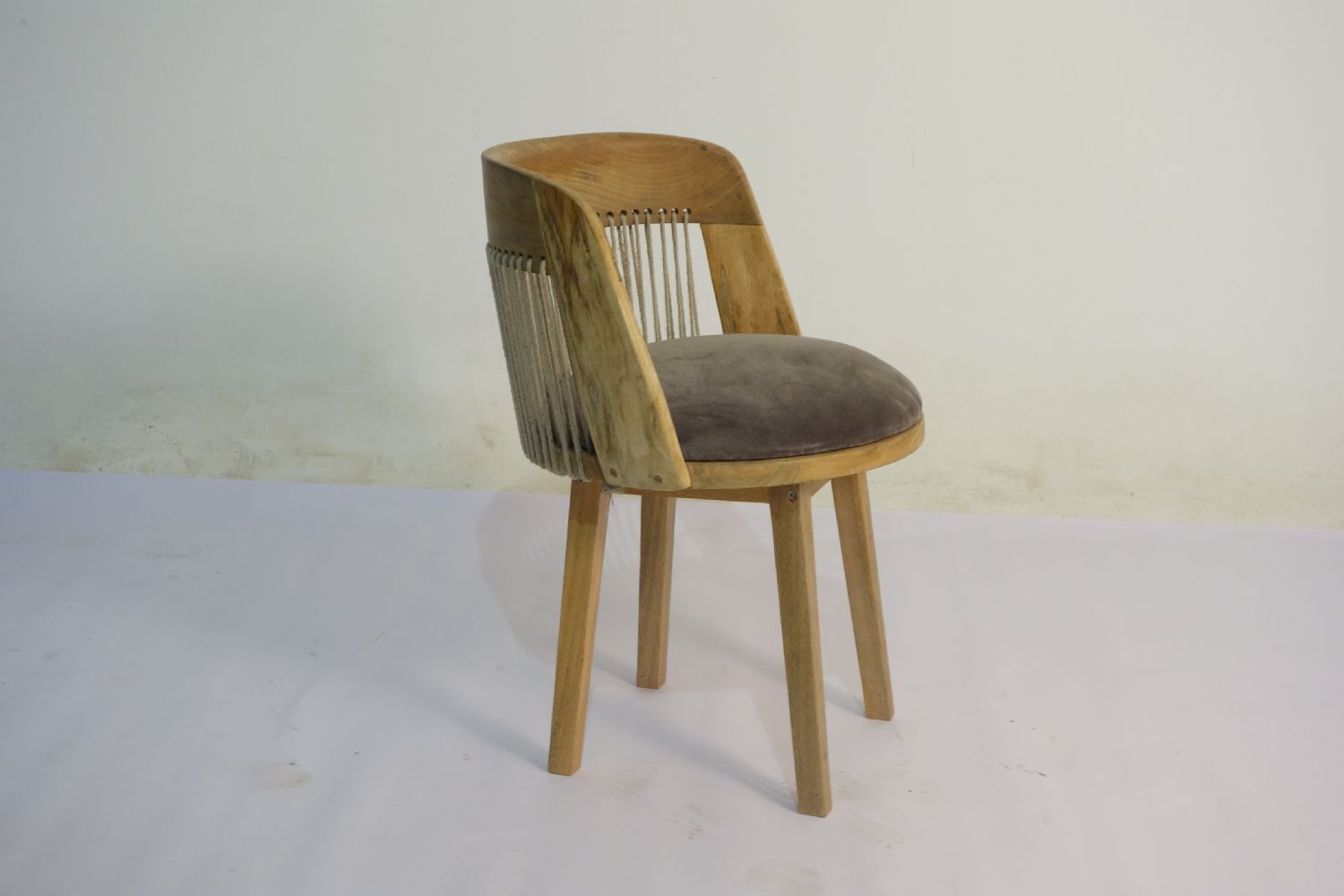Traditional Natural Mango Wood Grey Fabric Dining Chair
