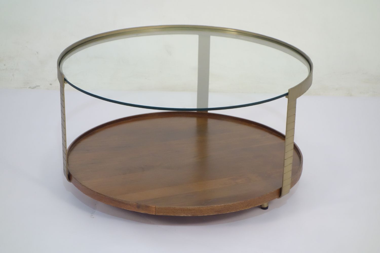 Industrial Metal Round Glass Top Coffee Table with Wooden Tray Base