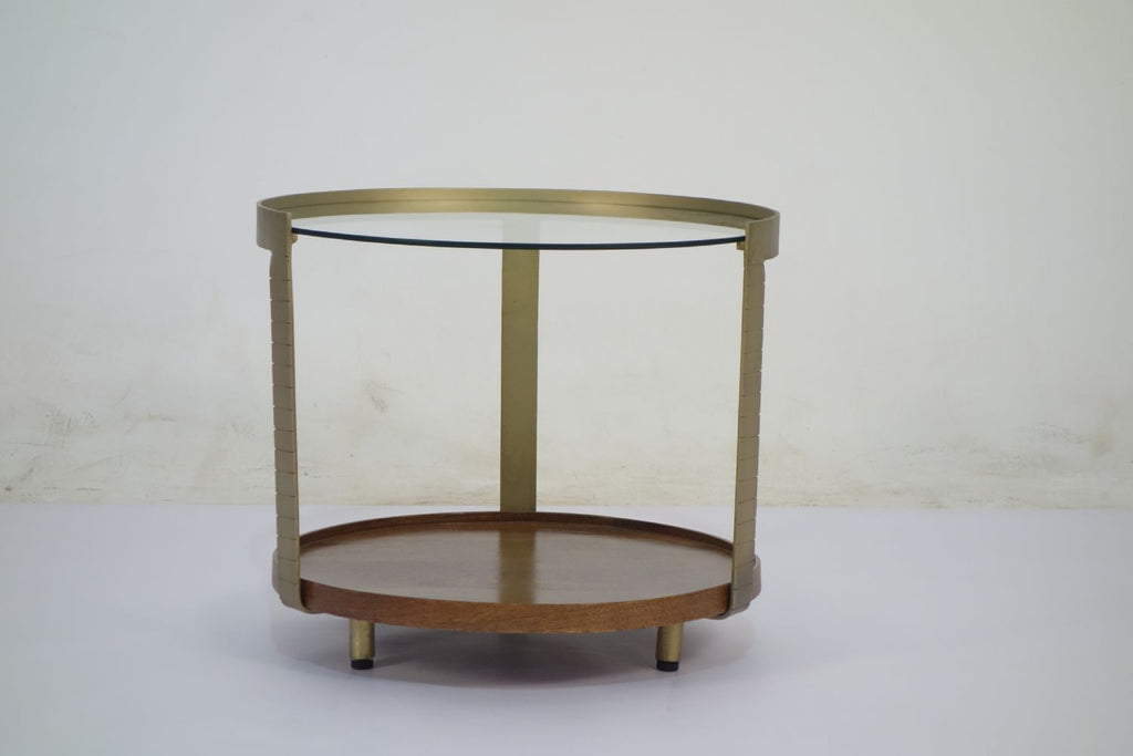 Bronze Metal Glass Top Round Side Table with Wooden Tray Base