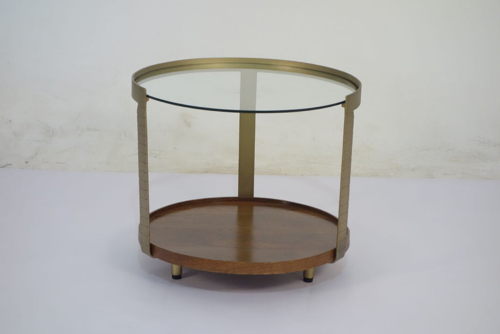 Bronze Metal Glass Top Round Side Table with Wooden Tray Base