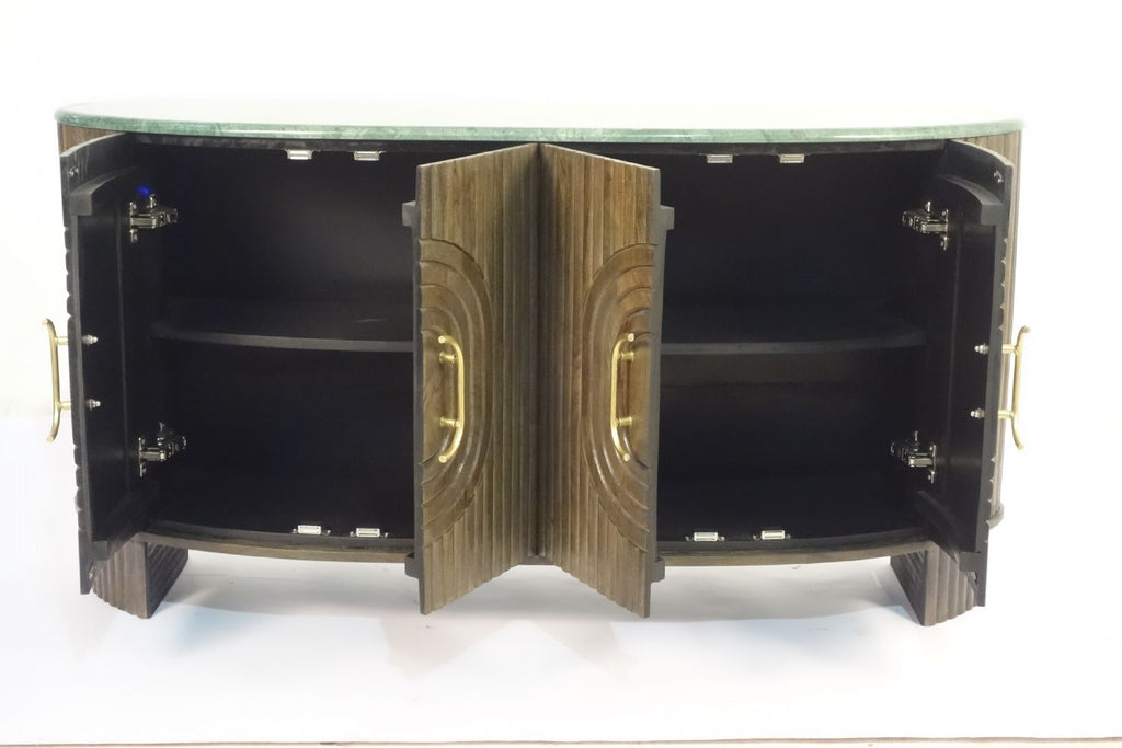 Natural Mango Wood Panelled 4 Door Sideboard with Grey Marble Top