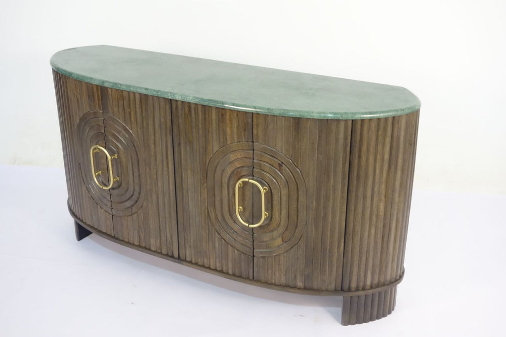 Natural Mango Wood Panelled 4 Door Sideboard with Grey Marble Top