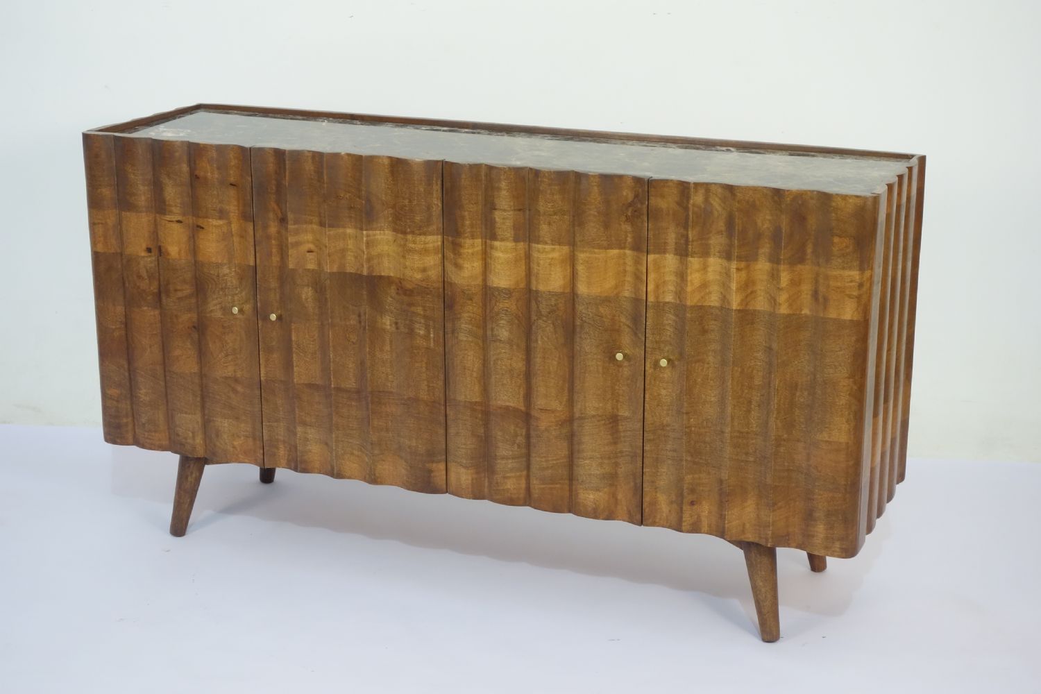 Natural Mango Wood 4 Door Fluted Sideboard with White Marble Top