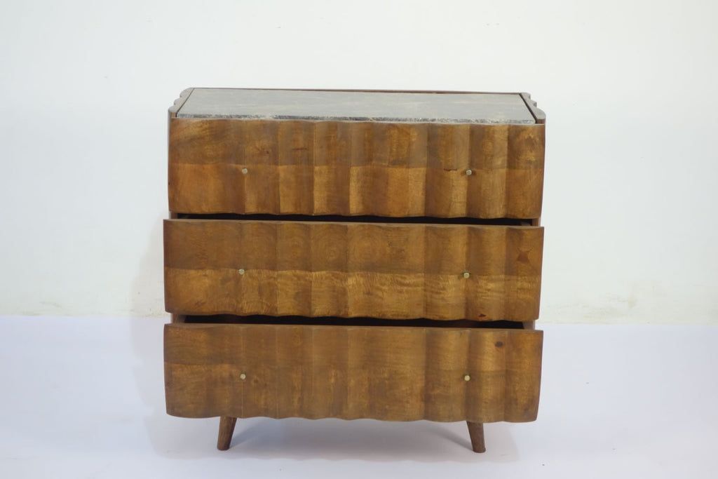 Natural Mango Wood White Marble Top 3 Drawer Fluted Cabinet