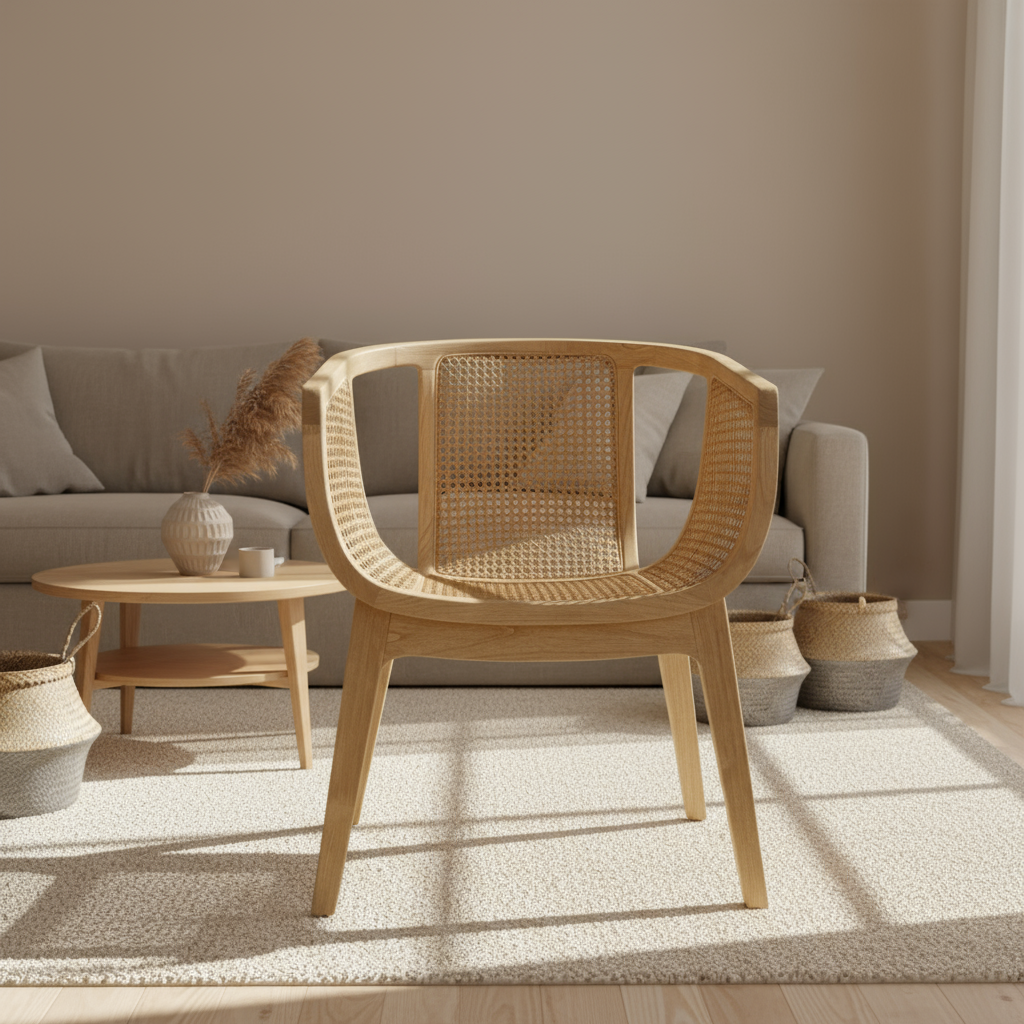 Modern Natural Teak Handwoven Rattan Tub Dining Chair