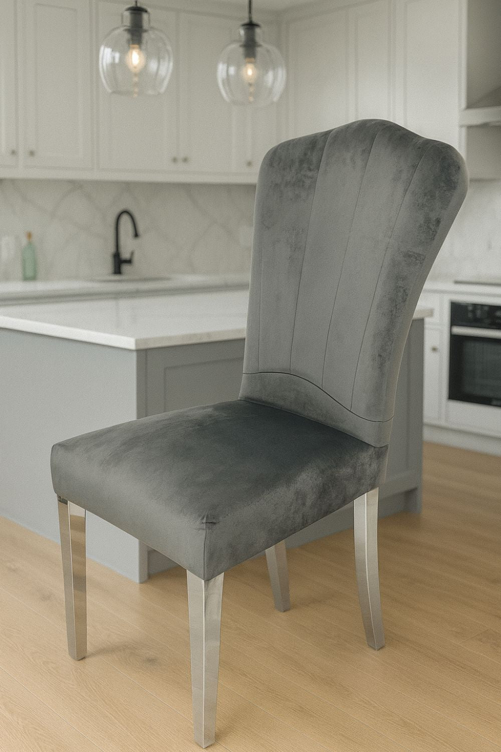 Dark Grey Velvet Dining Chair with Chrome Metal Legs
