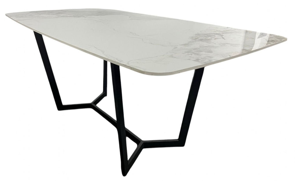 White Marble Effect Ceramic 1.8m Dining Table with Black Geometric Metal Base