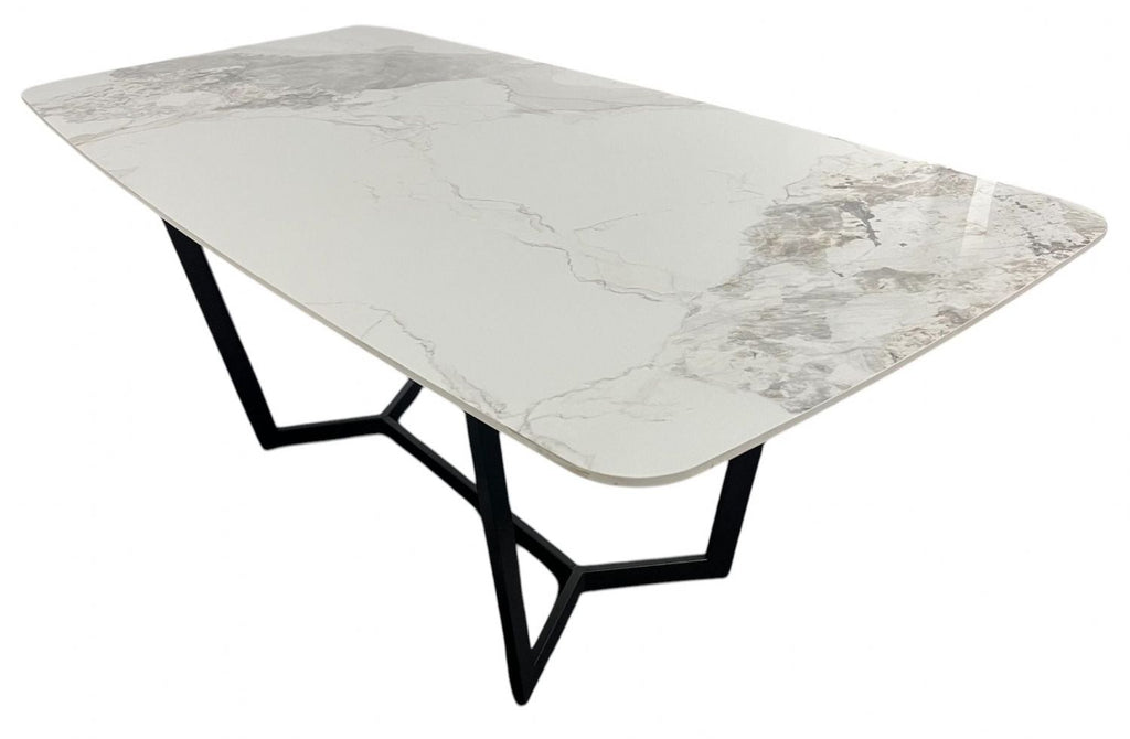 White Marble Effect Ceramic 1.8m Dining Table with Black Geometric Metal Base