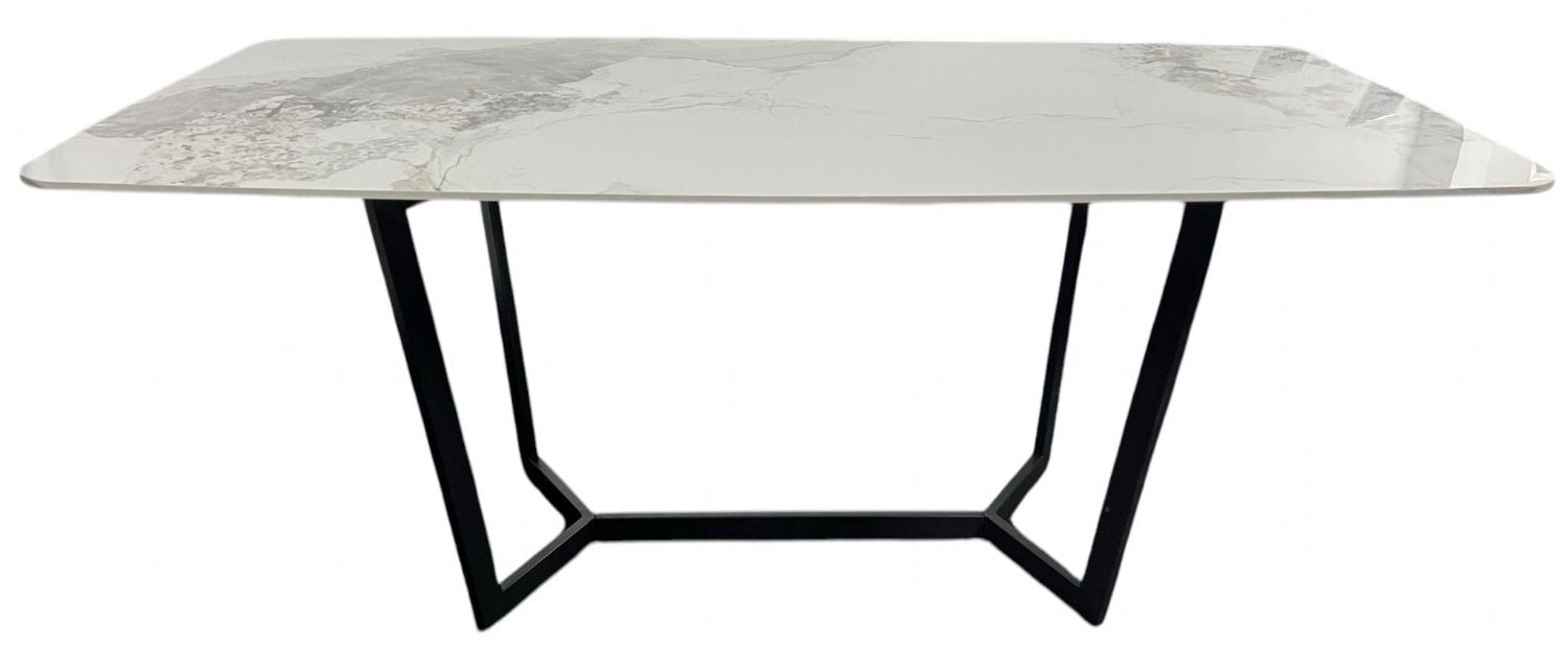 White Marble Effect Ceramic 1.8m Dining Table with Black Geometric Metal Base
