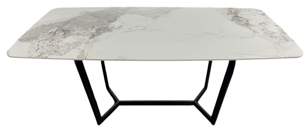 White Marble Effect Ceramic 1.8m Dining Table with Black Geometric Metal Base