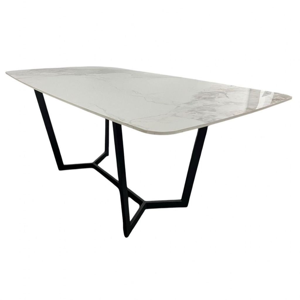 White Marble Effect Ceramic 1.8m Dining Table with Black Geometric Metal Base