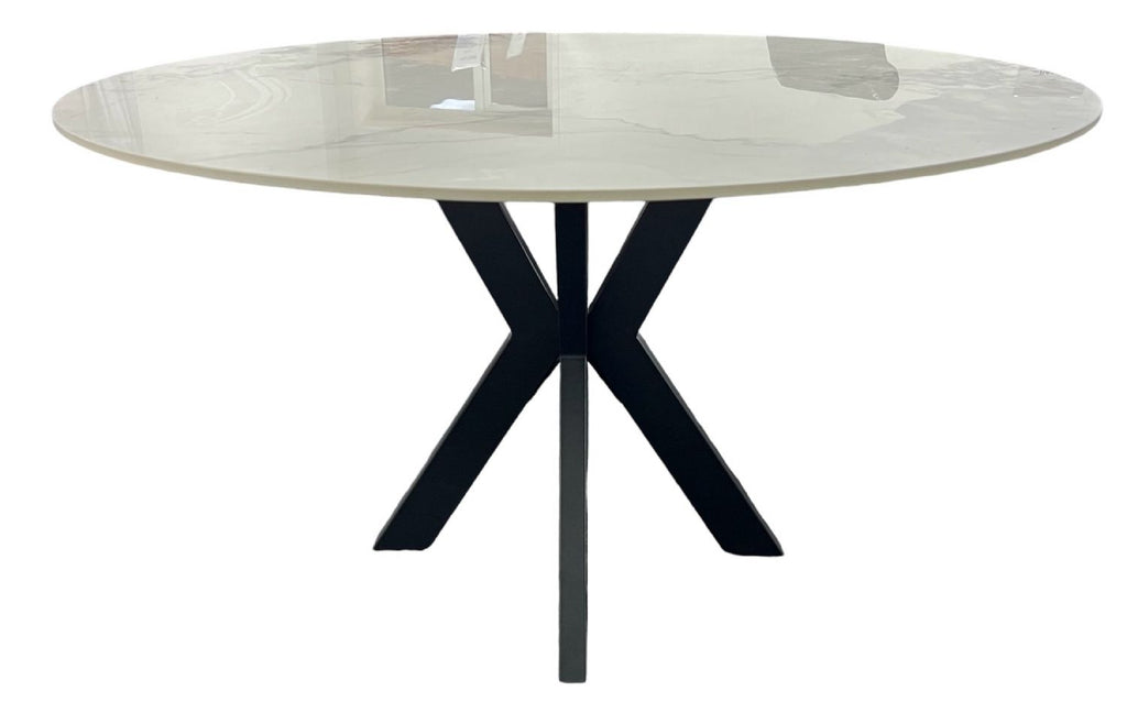 White Marble Effect Ceramic 1.3m/1.1m Round Dining Table with Black Cross Pedestal Base