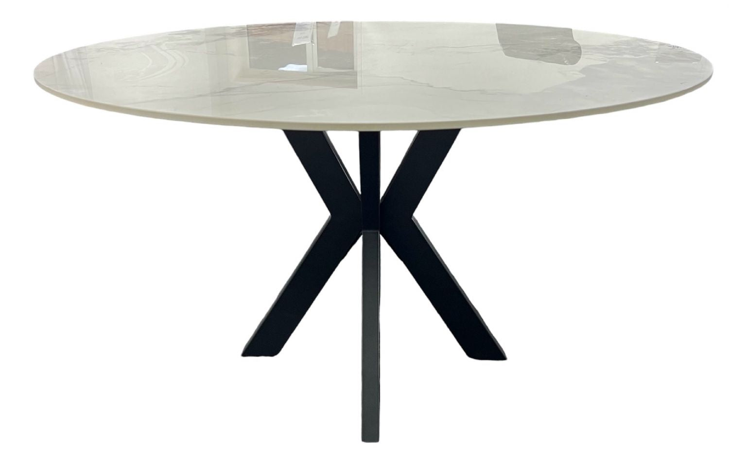 White Marble Effect Ceramic 1.3m/1.1m Round Dining Table with Black Cross Pedestal Base