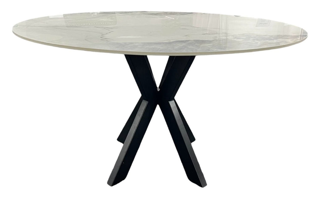 White Marble Effect Ceramic 1.3m/1.1m Round Dining Table with Black Cross Pedestal Base