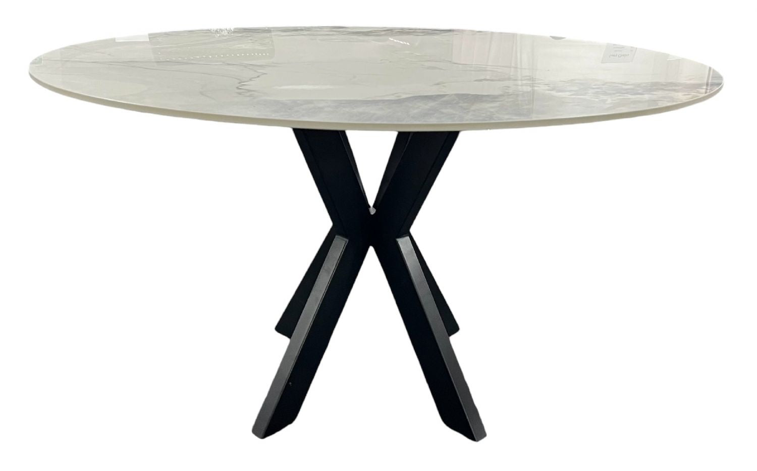 White Marble Effect Ceramic 1.3m/1.1m Round Dining Table with Black Cross Pedestal Base