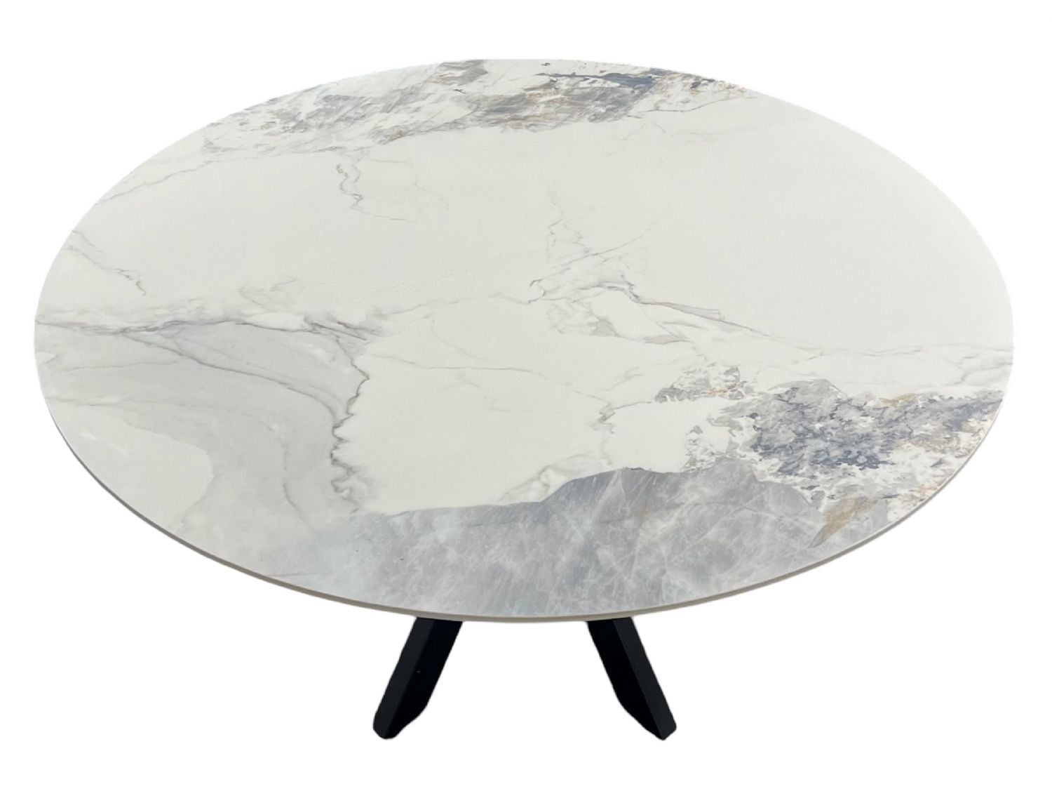 White Marble Effect Ceramic 1.3m/1.1m Round Dining Table with Black Cross Pedestal Base
