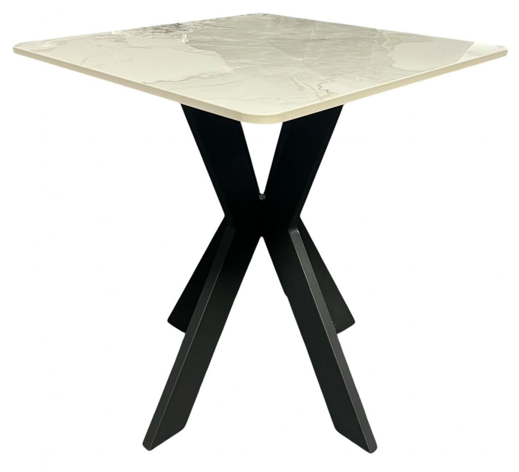 White Marble Effect Ceramic Lamp Table with Black Cross Pedestal Base