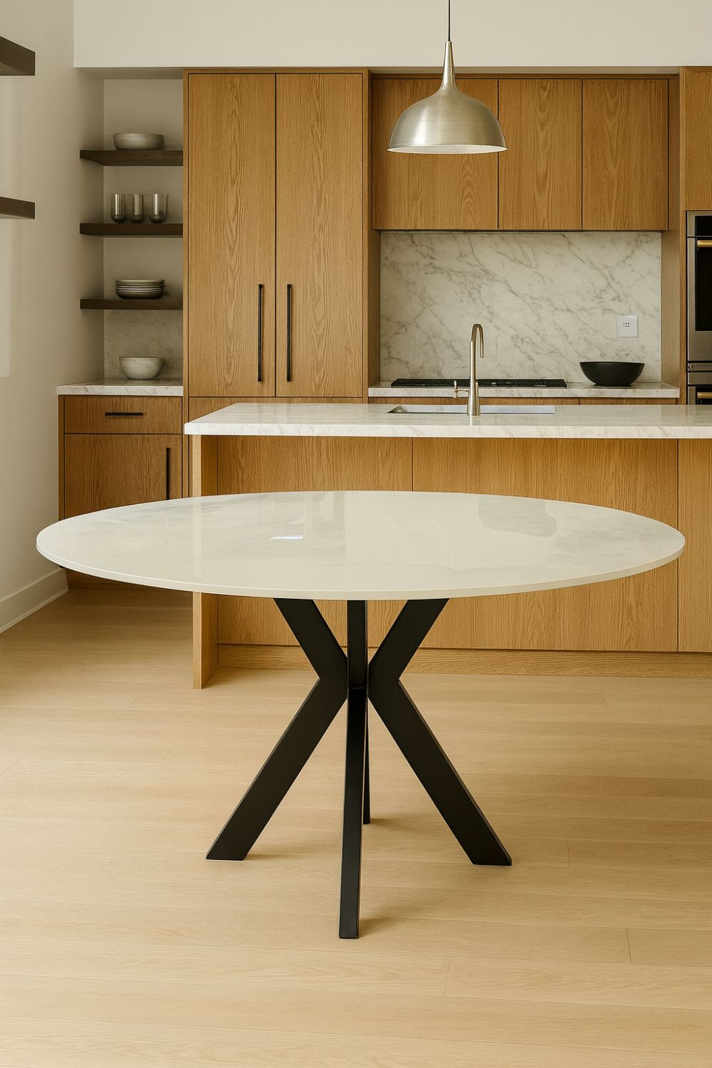 White Marble Effect Ceramic 1.3m/1.1m Round Dining Table with Black Cross Pedestal Base