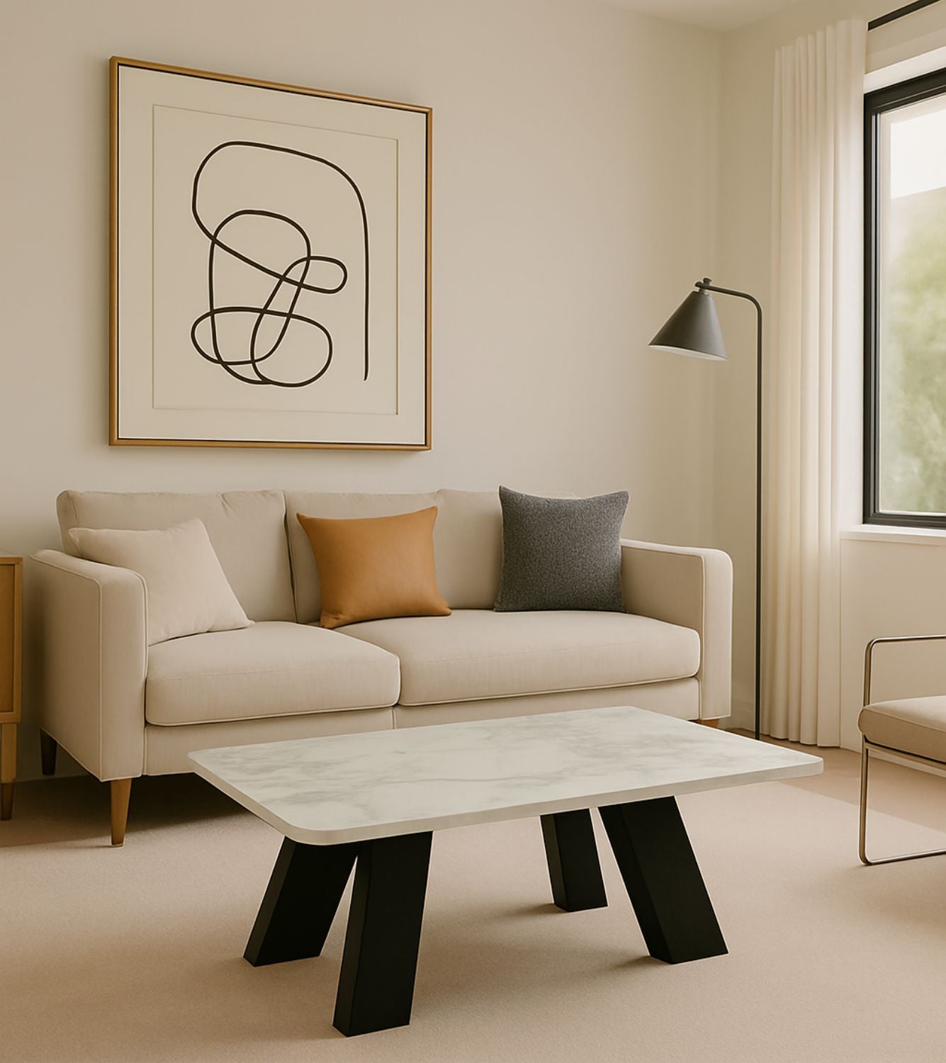 White Ceramic Coffee Table with Black Architectural Legs