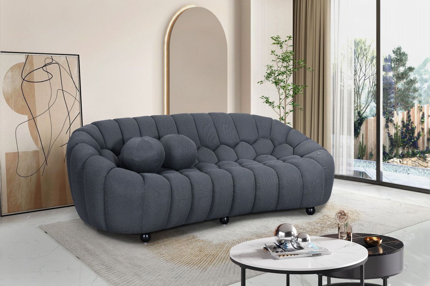 Grey 3 Seater Sofa with 3D Spacer Mesh Upholstery and Curved Design