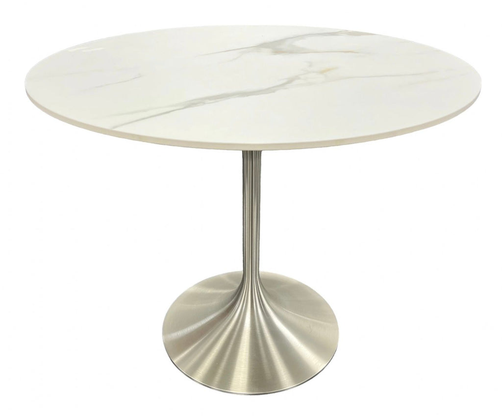 White Marble Effect Ceramic 0.9m Round Dining Table with Chrome Pedestal Base