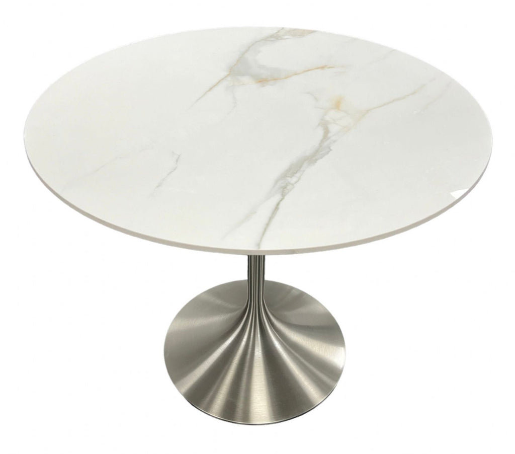 White Marble Effect Ceramic 0.9m Round Dining Table with Chrome Pedestal Base