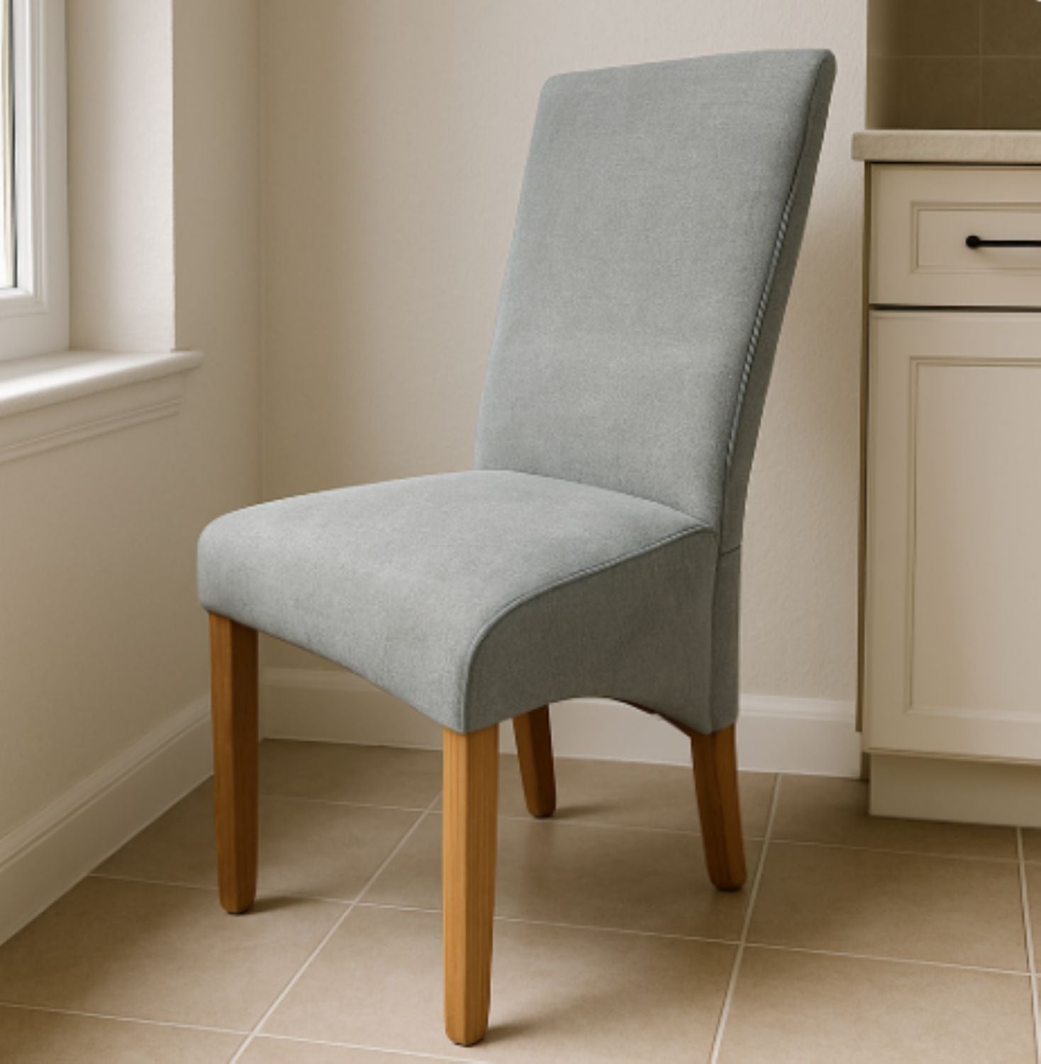 Grey Fabric Upholstered Dining Chair with Oak Legs
