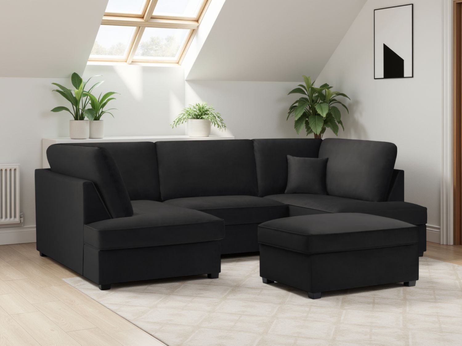 Black Fabric U Shape Plush Black Corner Sofa - Home Furniture Interiors