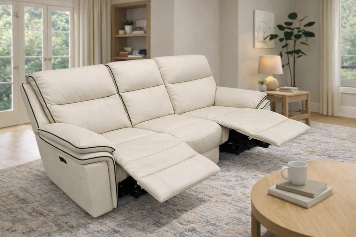 Ivory Leather Fabric Upholstery 3 Seater Recliner Sofa