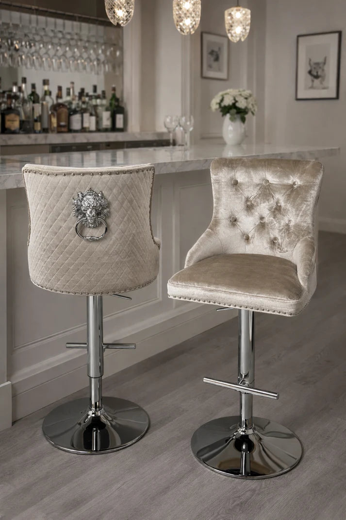 Traditional Mink Velvet Adjustable Bar Stool with Lion Knocker Back and Chrome Base
