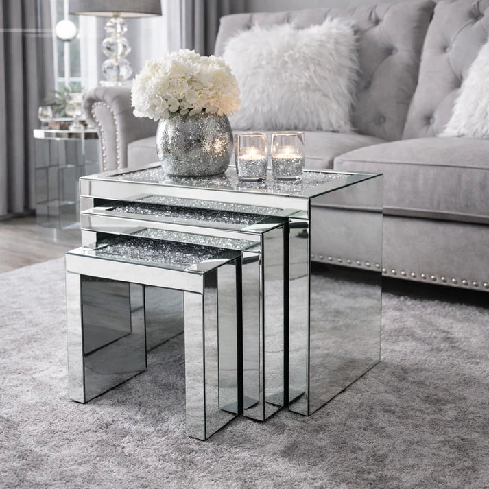 Mirrored Nest of 3 Tables with Crushed Crystal Tops