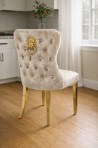 Mink Shimmer Velvet Dining Chair with Lion Knocker and Gold Legs