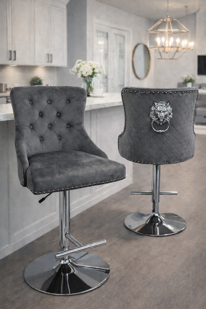 Dark Grey Velvet Button Tufted Bar Stool with Chrome Base and Lion Knocker