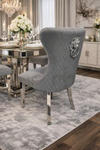 Dark Grey Velvet Dining Chair with Lion Knocker and Chrome Legs