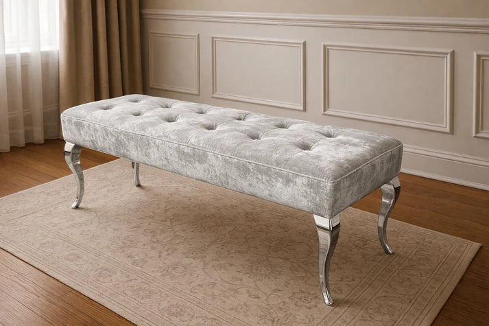 Silver Grey Shimmer Velvet Bench with Chrome Legs 160cm