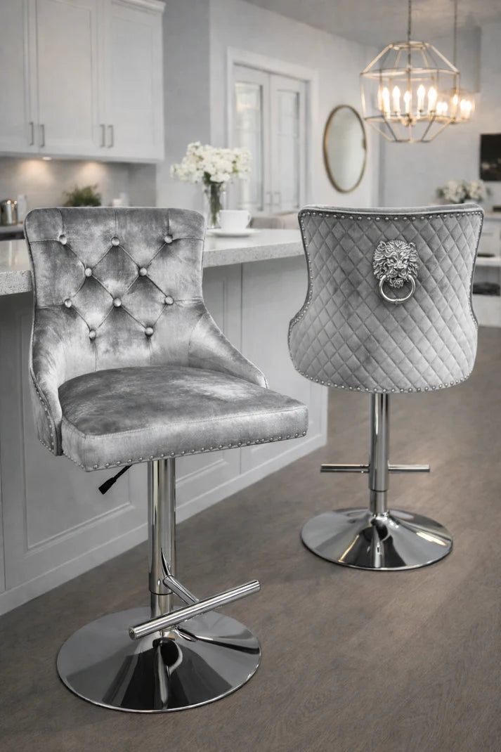 Silver Grey Shimmer Velvet Bar Stool with Lion Knocker and Chrome Pedestal Base