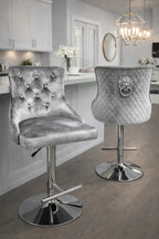 Silver Grey Shimmer Velvet Bar Stool with Lion Knocker and Chrome Pedestal Base