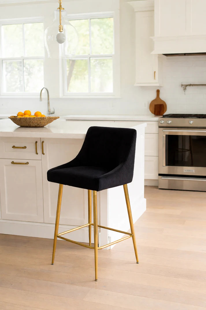 Black Ribbed Velvet Bar Stool with Gold Legs