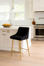 Black Ribbed Velvet Bar Stool with Gold Legs