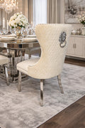 Ivory Velvet Dining Chair with Lion Knocker and Chrome Legs